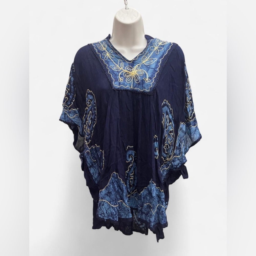 Ana & Kate Women’s Boho Embroidered Flowy Blue and Gold Blouse Tunic One Size
